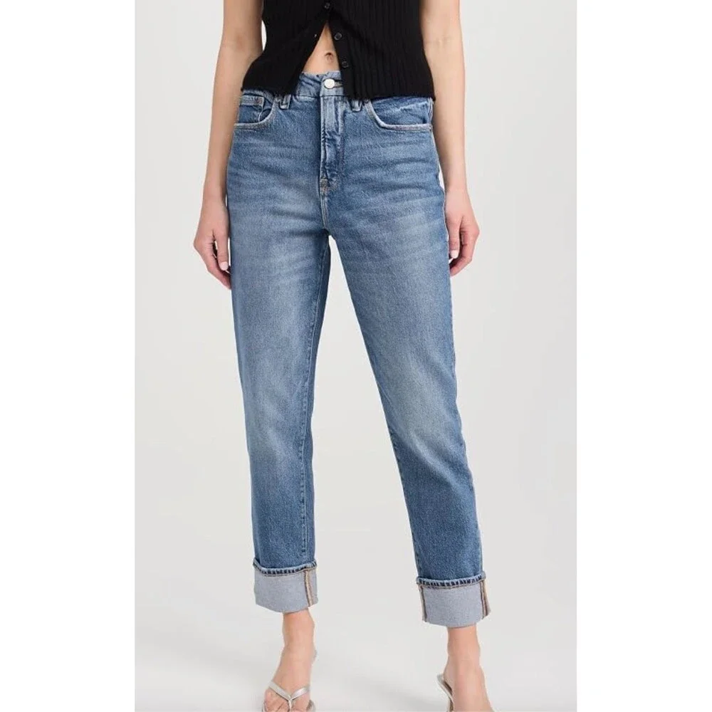 Good American The Weekender Cuffed Jeans Size 0/25 High Rise Relaxed Blue